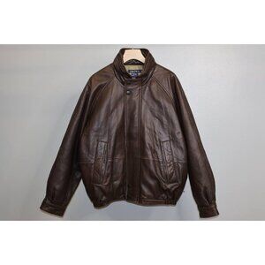 Vintage Nautica Leather Jacket Men’s 44 Brown Full Zip Bomber Hidden Hood